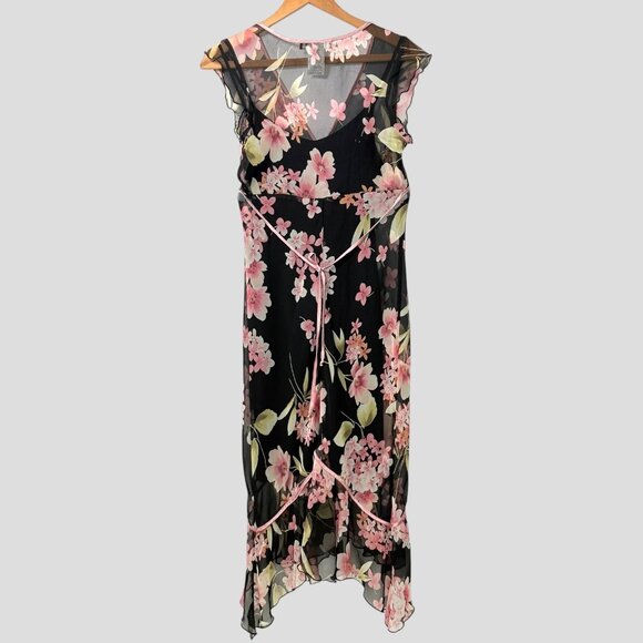 90s Rampage Babydoll Dress Sz 9 Whimsigoth Floral Sheer Asymmetrical Hem Fairy - Picture 3 of 13